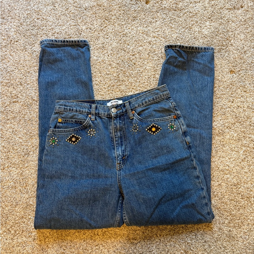 Re/Done Blue Straight Leg Jeans with Embellishments